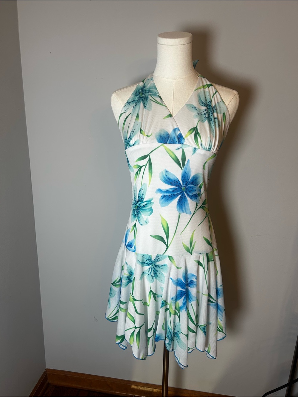 Ruby Rox White Halter Dress with Blue Floral Print